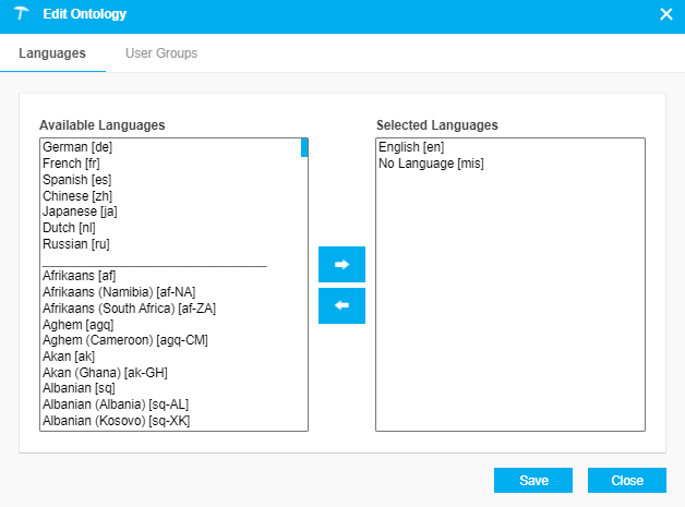 PoolParty's ​Edit Ontology​​ dialog showing how to specify languages