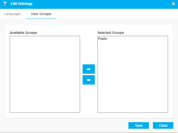 PoolParty's ​Edit Ontology​​ dialog showing how to add user groups that will have access to the ontology